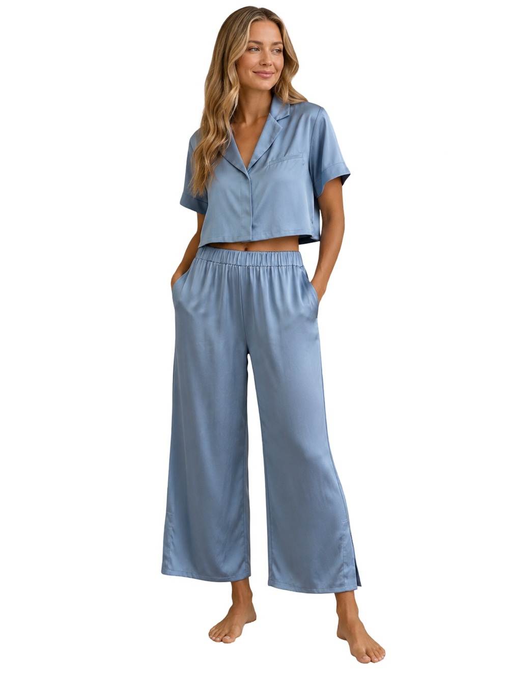 NAP Loungewear Set Size Small NWT Blue Cropped Shirt Cropped Wide Leg Pants